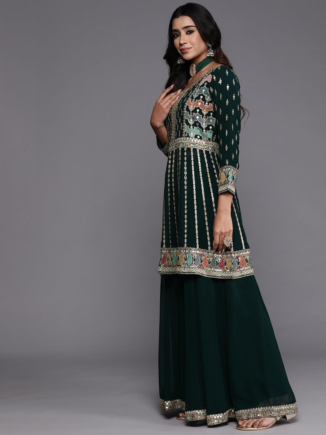 Green Embroidered Georgette Anarkali Suit With Dupatta