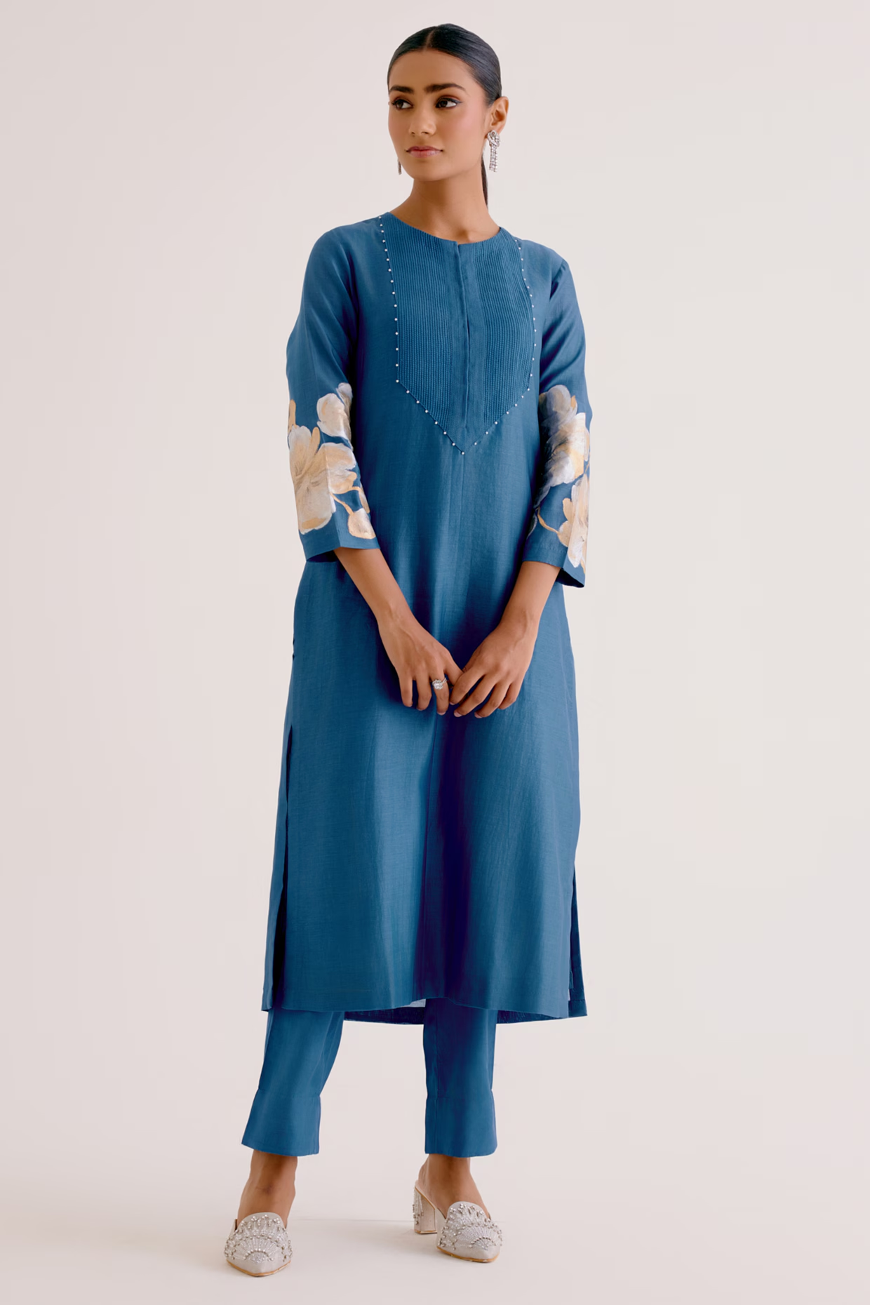 Blue Silk Chanderi Painted Kurta Set