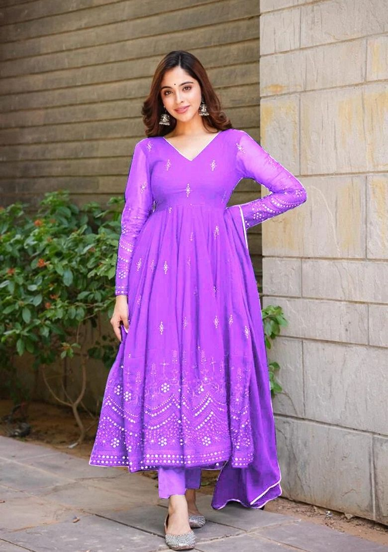 Purple Embroidered Georgette Anarkali Set