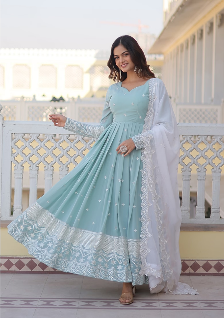 Light Blue Embroidered Georgette Anarkali Set