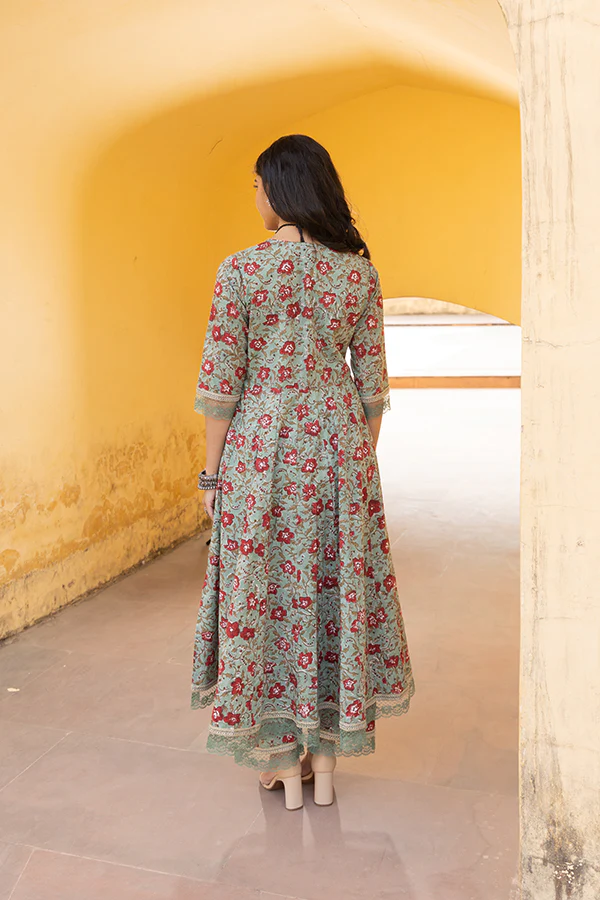 The Green Red Handblock Anarkali Set With Doriya Dupatta