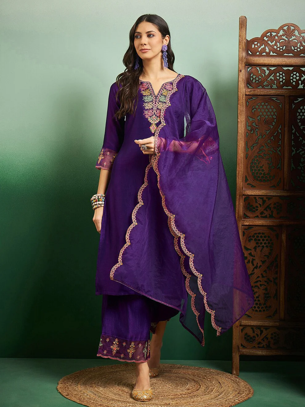 Party Wear Women's Chanderi Kurta With Bottom And Dupatta Set