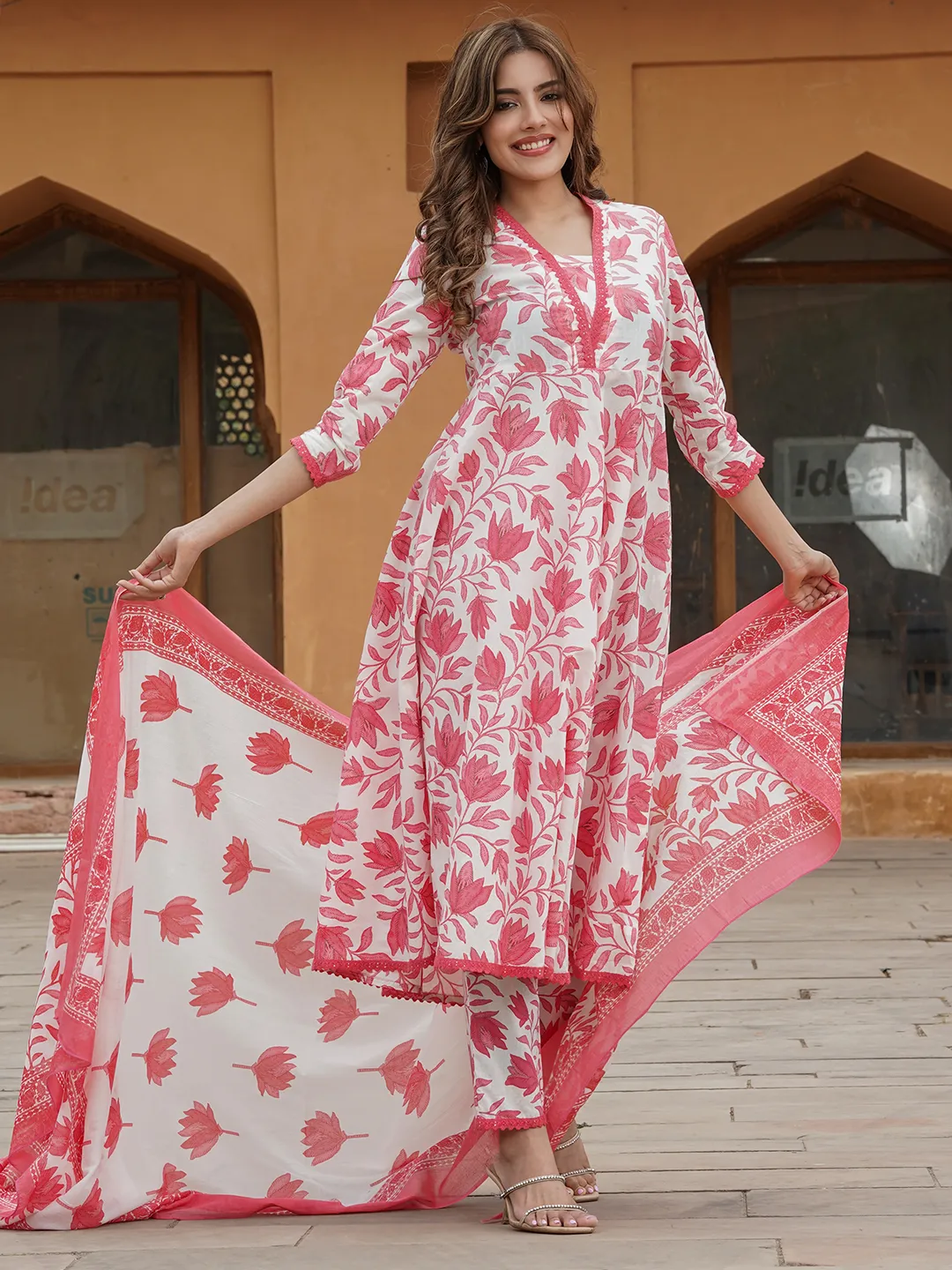 Women Red Floral Anarkali Kurta Pant and Dupatta Set