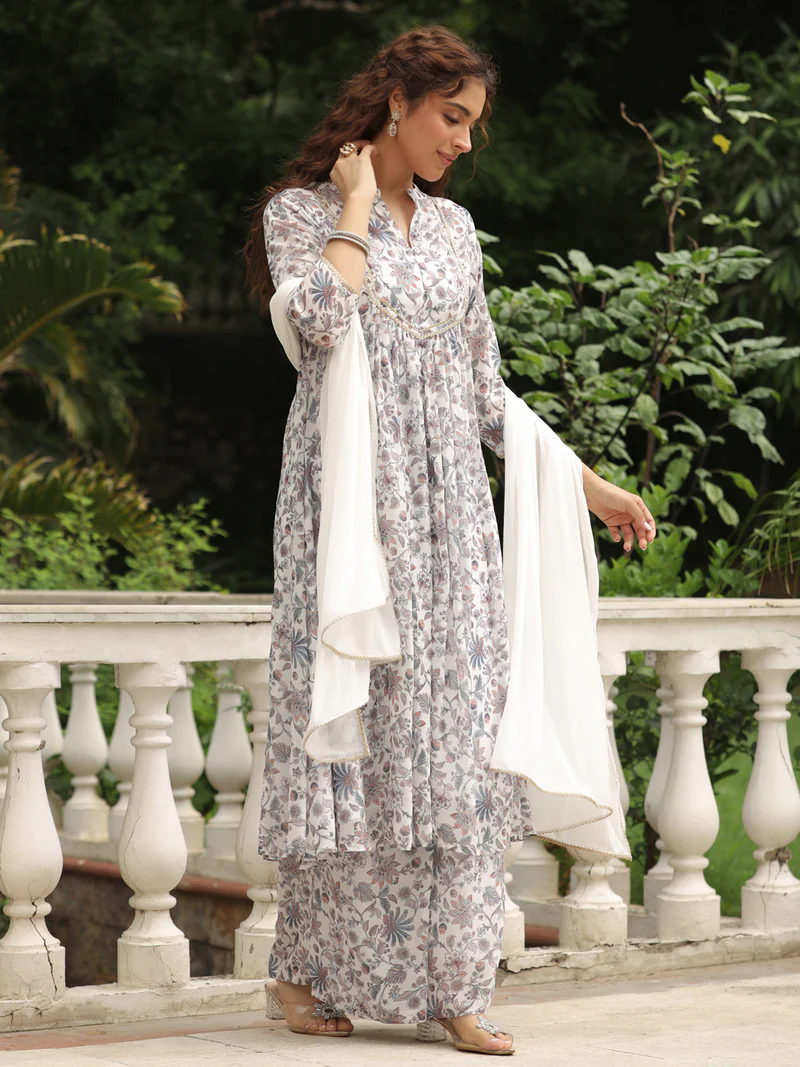 White Georgette Floral Printed A-Line Kurta Set