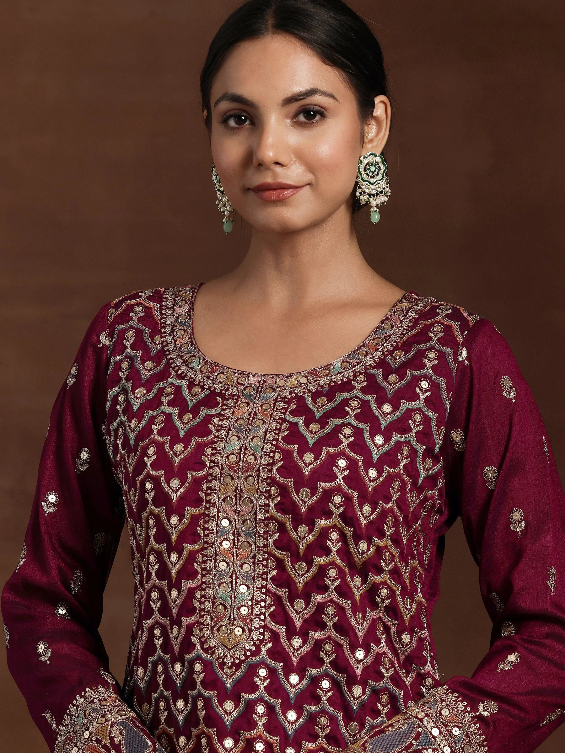 Wine Embroidered Silk Blend Straight Kurta With Palazzos & Dupatta