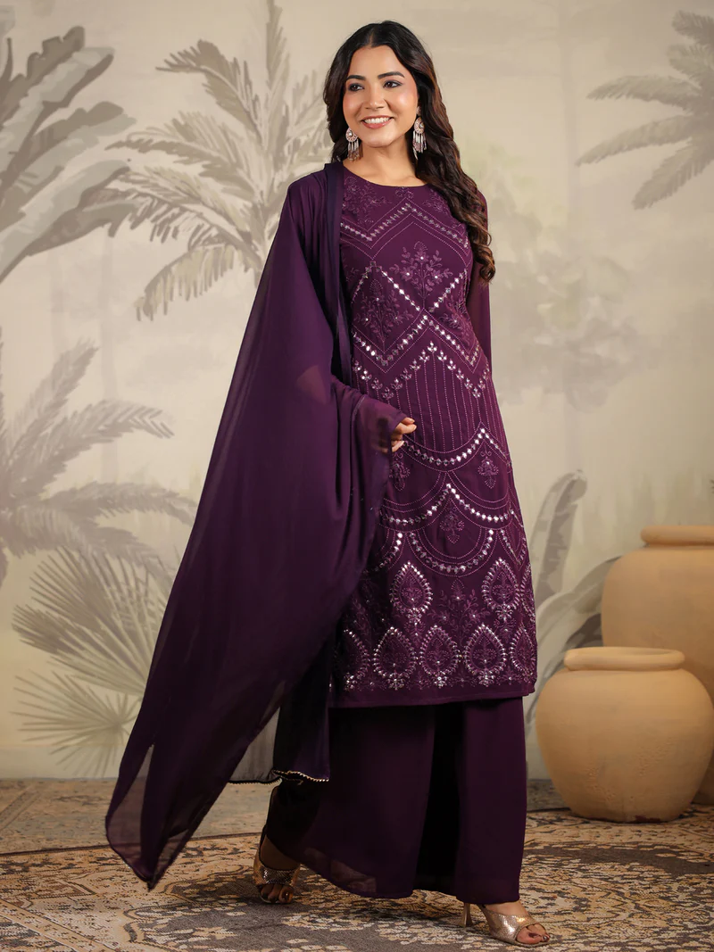 Purple Georgette Mirror Work Embroidered Straight Kurta With Palazzo Set