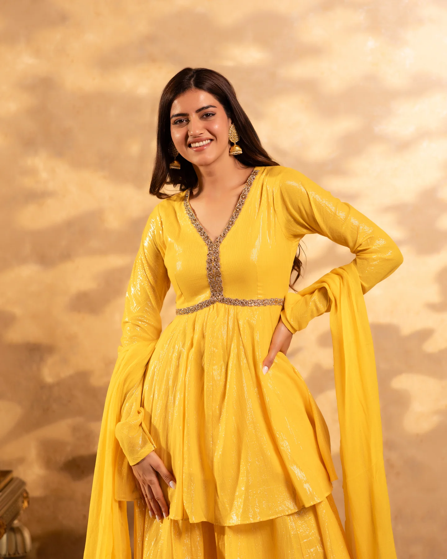 Shimmer Yellow Tissue Sharara Set