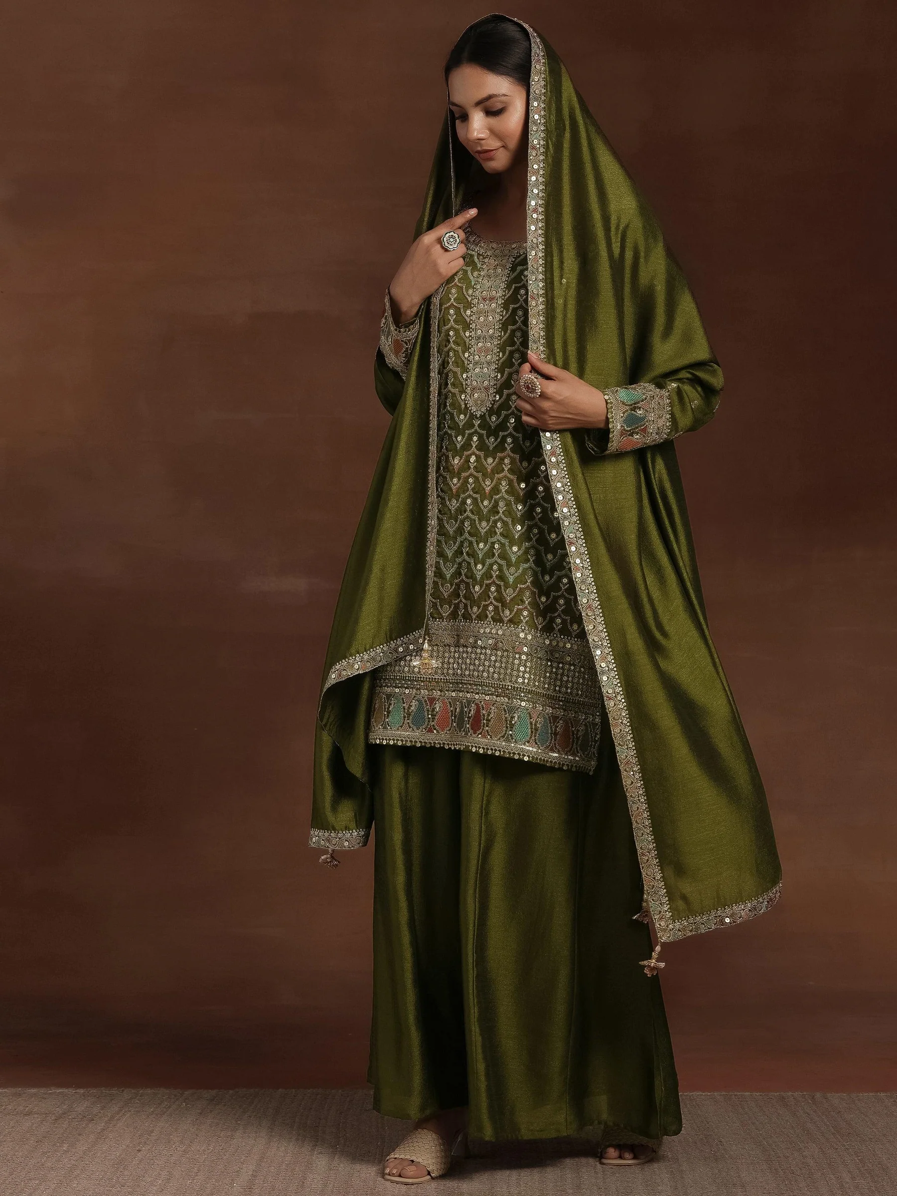 Olive Embroidered Silk Blend Straight Kurta With Palazzos & Dupatta