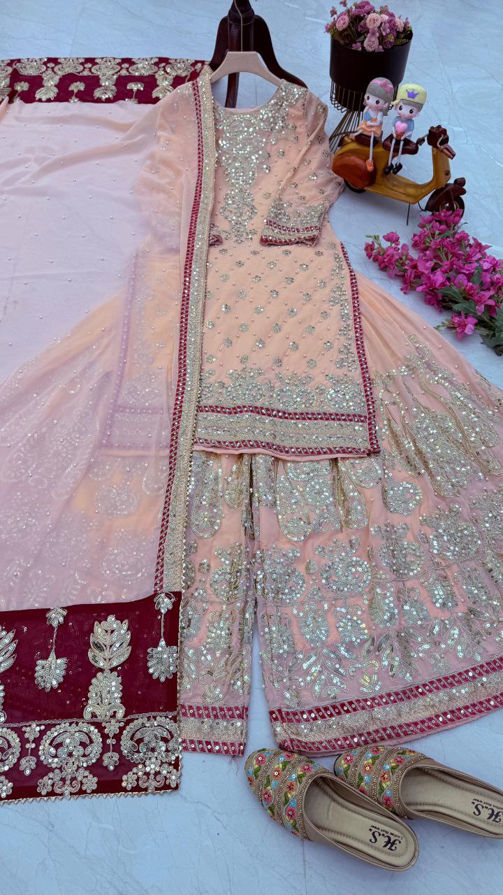 "Peach Color Sharara Embroidered Set: Graceful and Elegant Ethnic Wear"