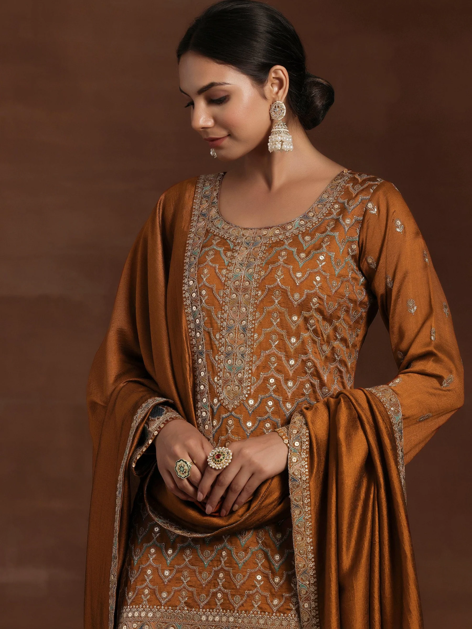 Rust Embroidered Silk Blend Straight Kurta With Palazzos & Dupatta