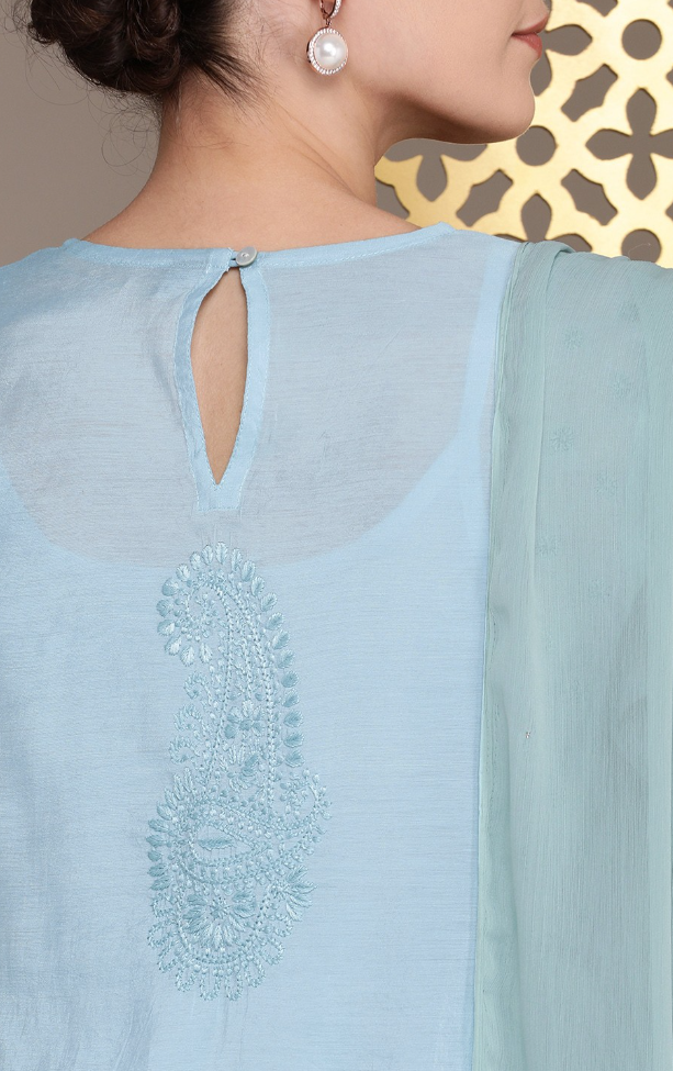 Floral Chikankari Embroidered flared Jashn Kurta with Palazzo & Dupatta