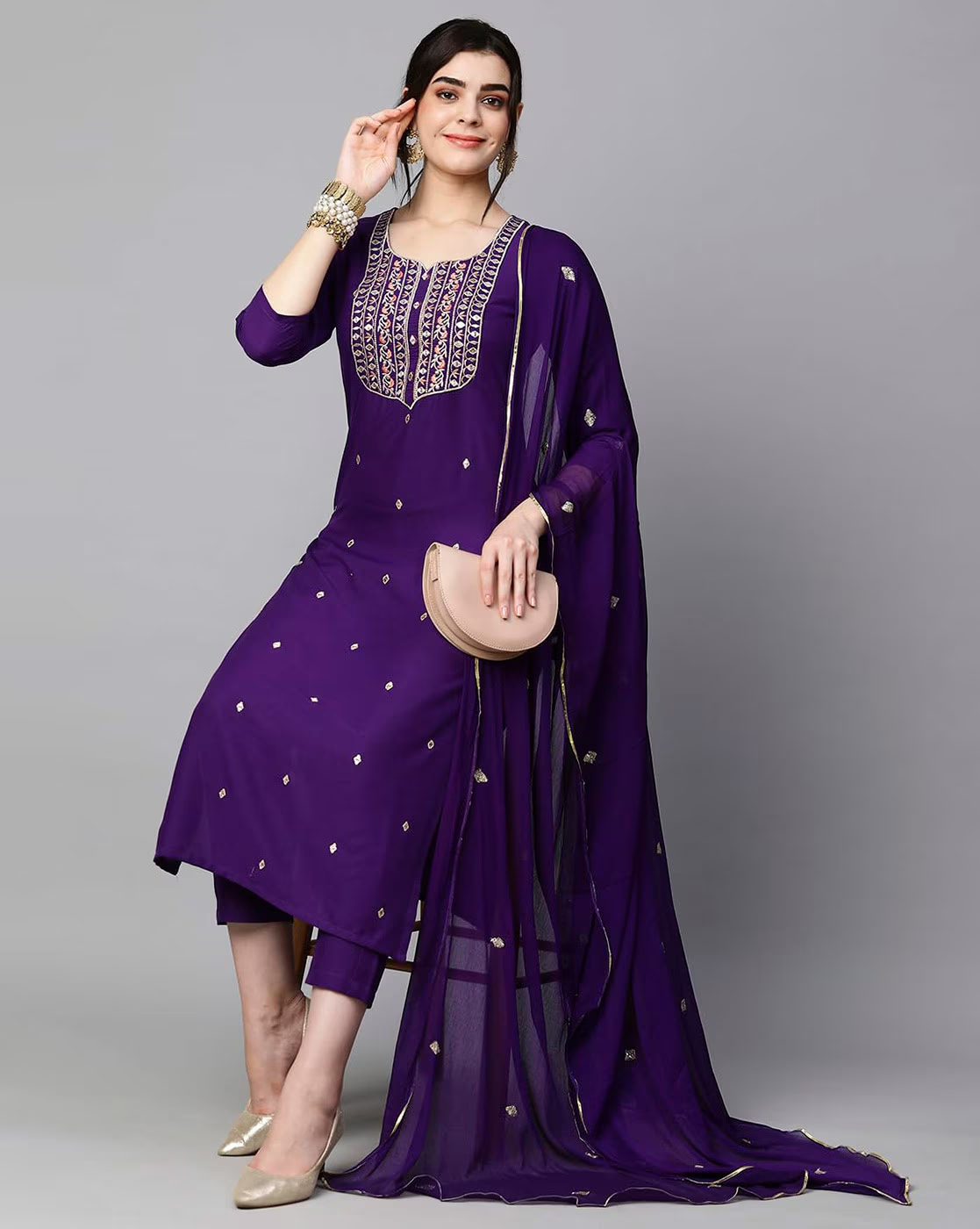 Women Embroidered Straight Kurta & Pants with Dupatta