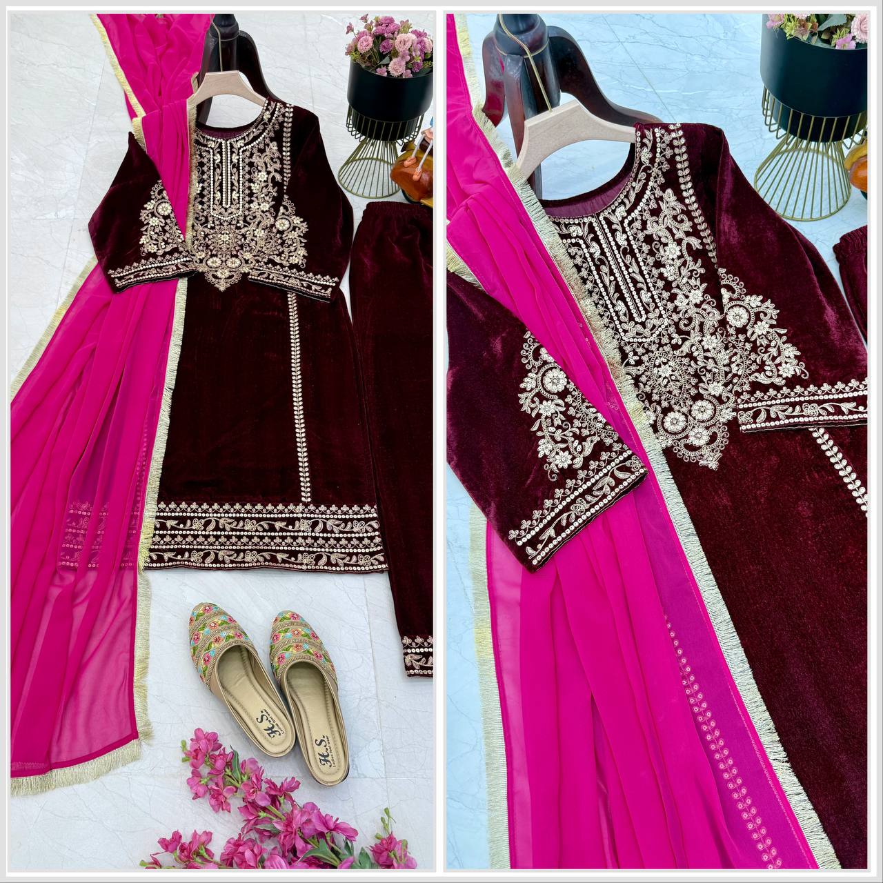 "Maroon Color Velvet Kurta Set: Luxurious and Classic Ethnic Elegance"