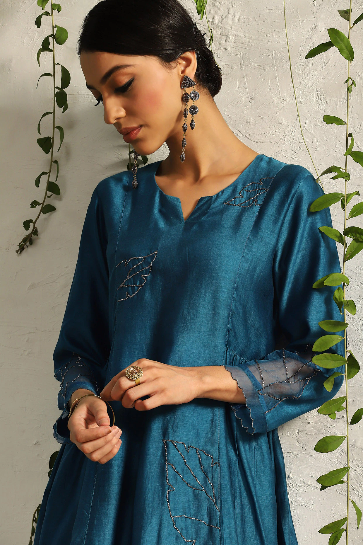 True Blue Chanderi Embroidered Kurta Set