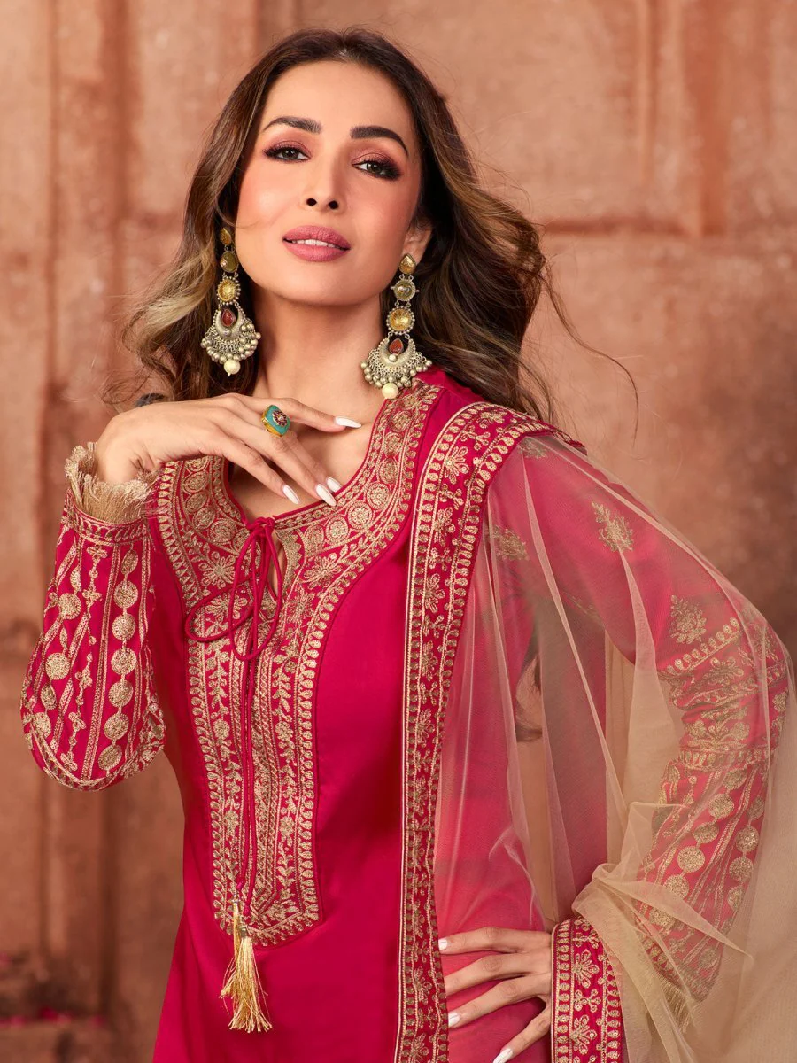 Magenta & Gold Embroidered Kurta Suit