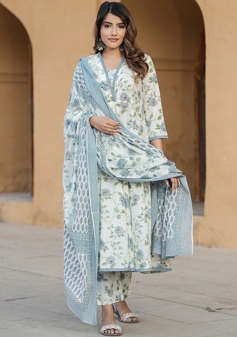 Floral Printed V-Neck Thread Work Pure Cotton Empire Kurta With Trousers And Dupatta