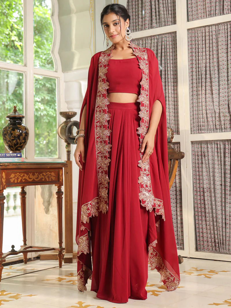 Maroon Georgette Zari Embroidered Crop Top With Skirt & Cape Set