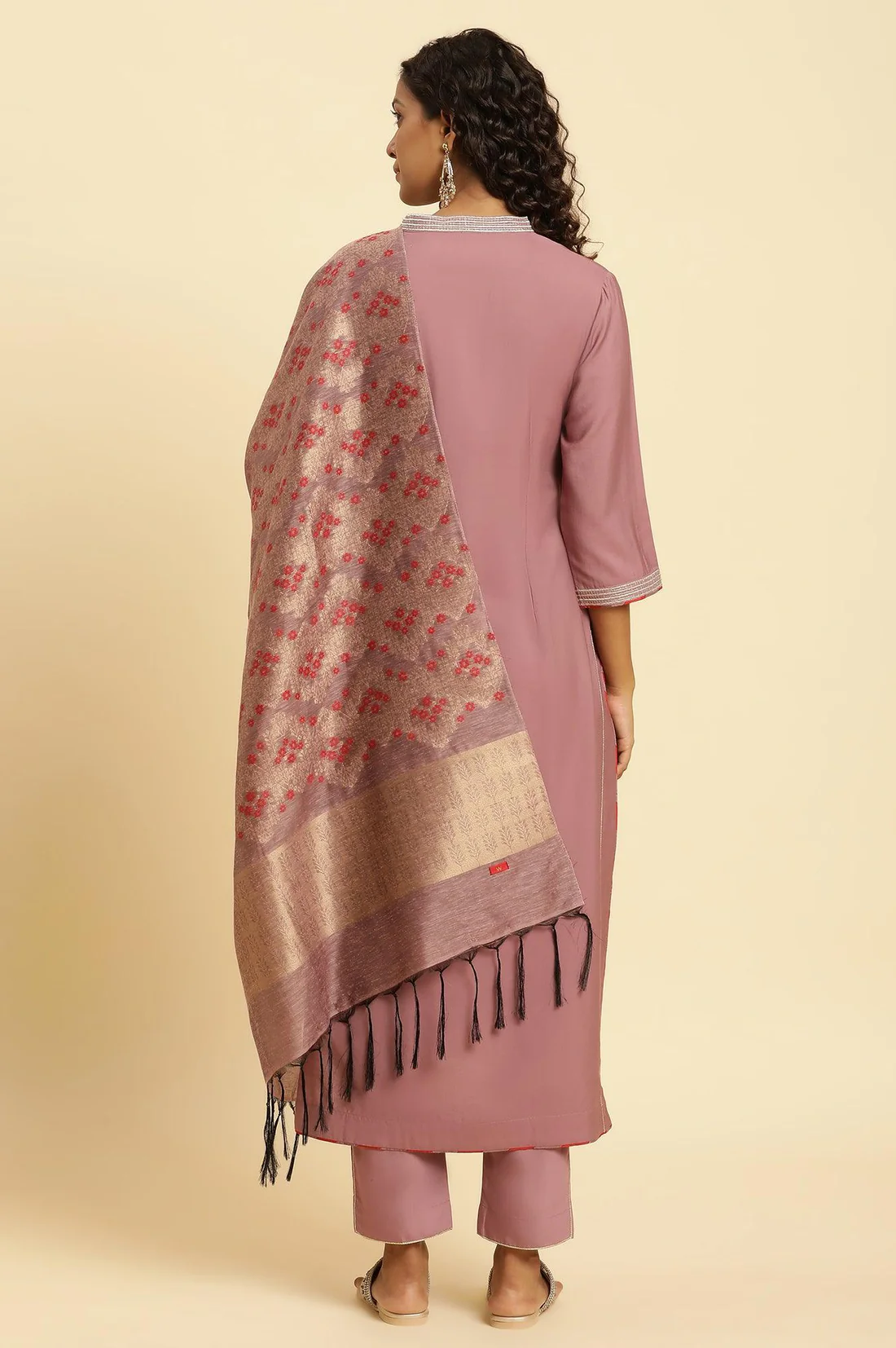 Pink Embellished Kurta, Pants And Jacquard Dupatta Set