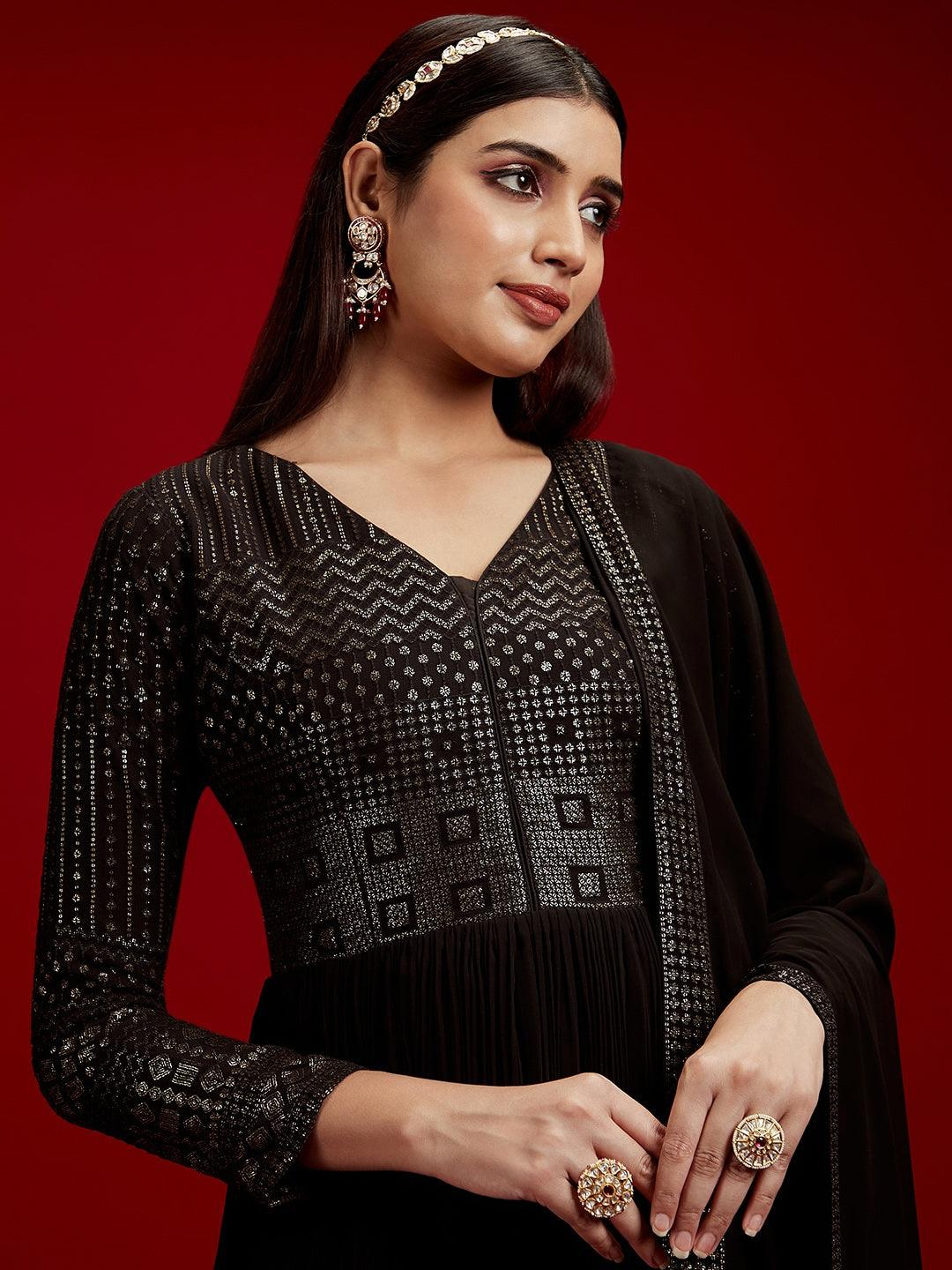 Black Yoke Design Georgette A-Line Kurta With Trousers & Dupatta