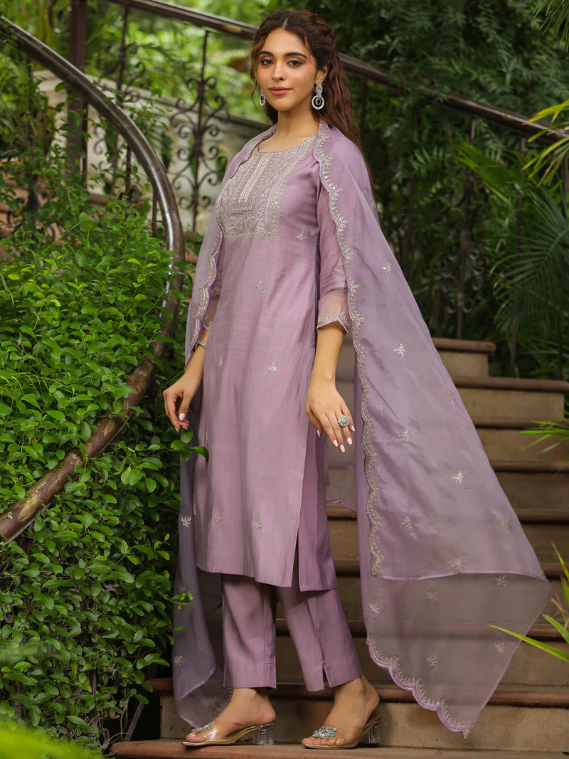 Lavender Silk Blend Embroidered Straight Kurta Set