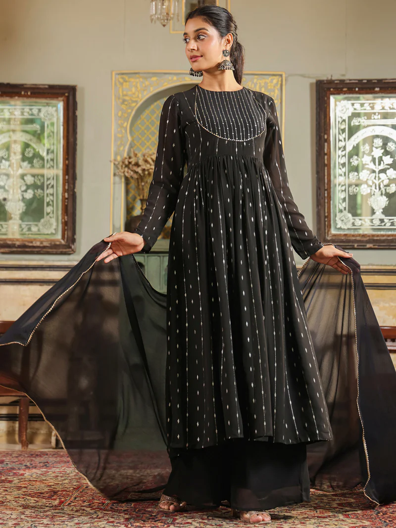 Black Georgette Foil Printed Anarkali Kurta Set