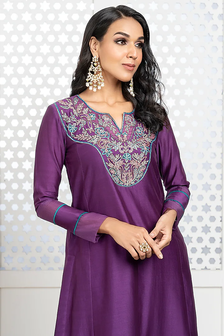 Purple Handwoven Chanderi Hand Embroidered Kurta Set