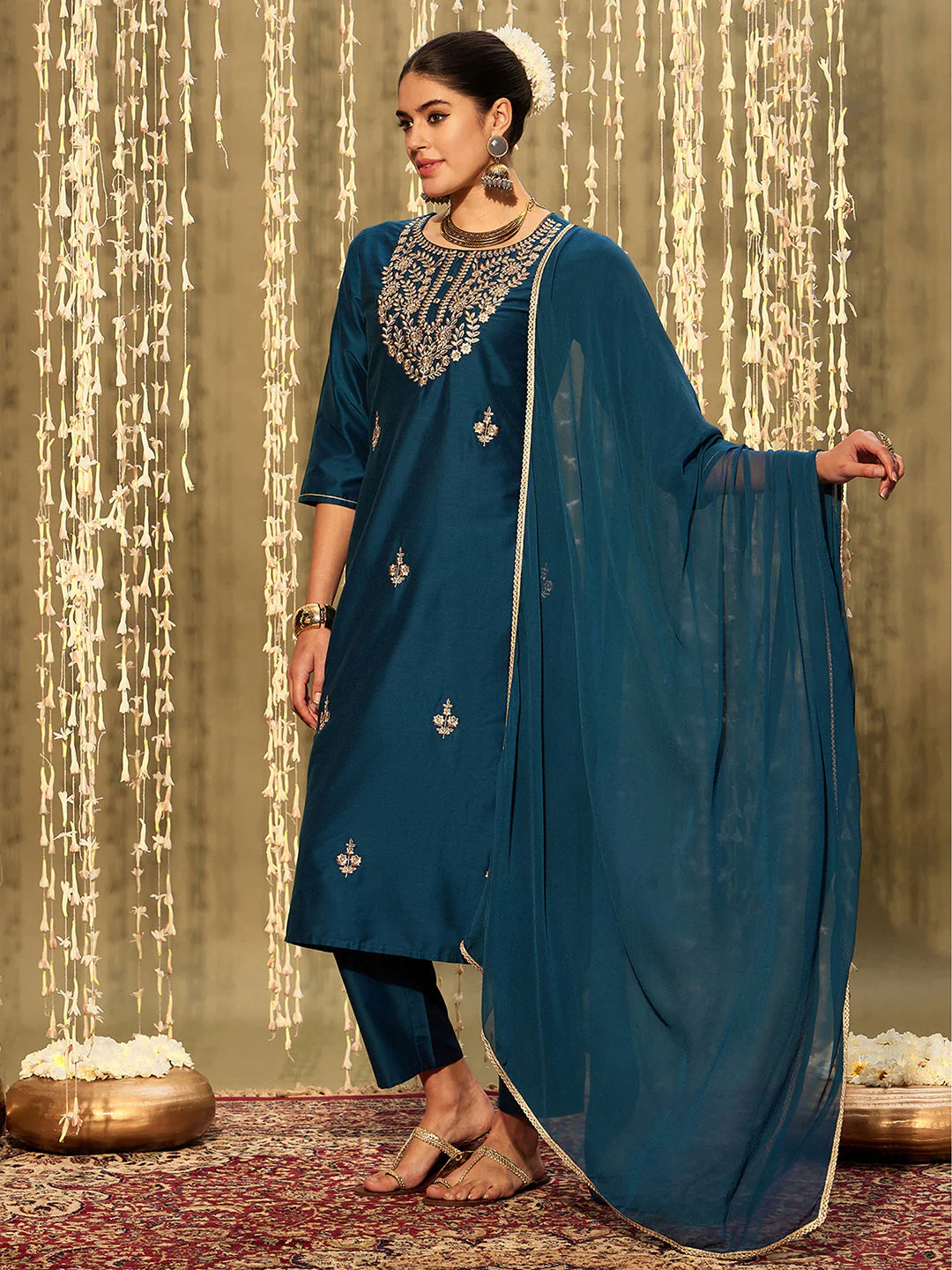 Teal Embroidered Straight Kurta Trousers With Dupatta set