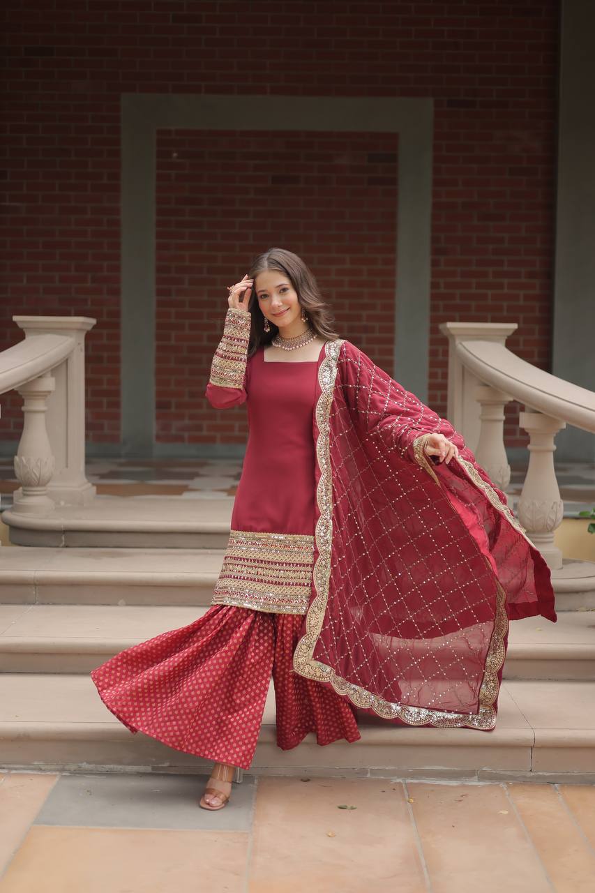 PREMIUM DESIGNER READYMADE TOP-SHARARA-DUPATTA MAROON COLOR