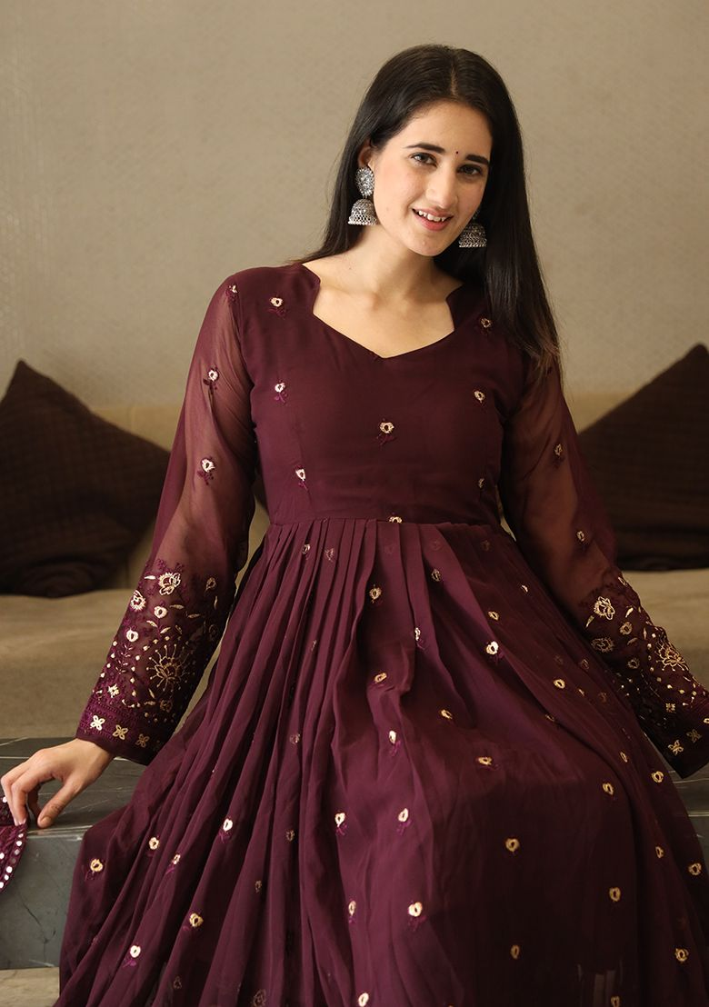 Wine Embroidered Georgette Anarkali Set