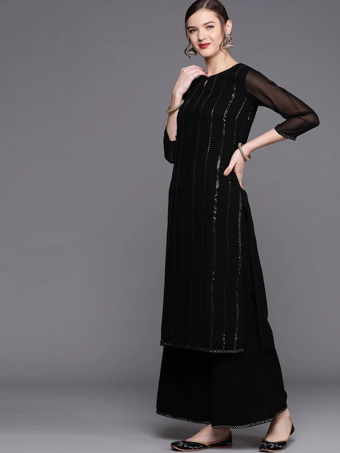 Women Black Striped Embellished Straight Kurta with Palazzos & Dupatta