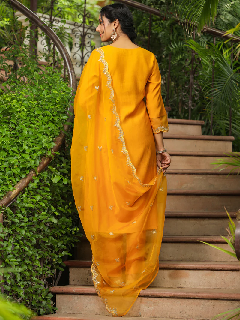 Mustard Silk Blend Embroidered Straight Kurta Set