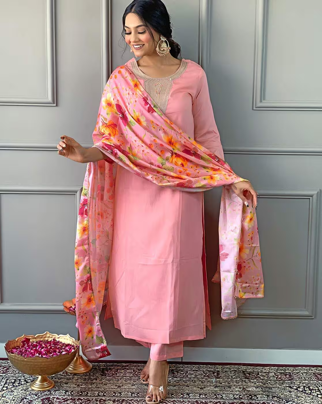 Womens Embroidered & Printed Straight Kurta with Pants & Printed Dupatta Set