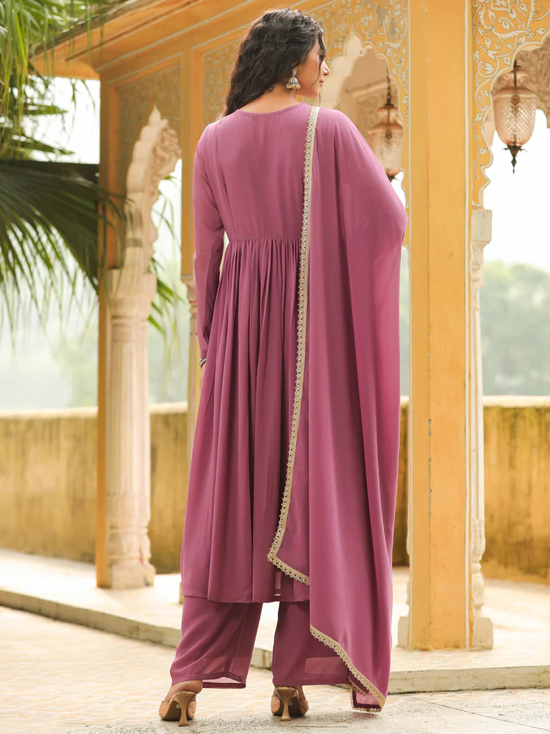 Lavender Georgette Yoke Embroidered A-Line Kurta Set