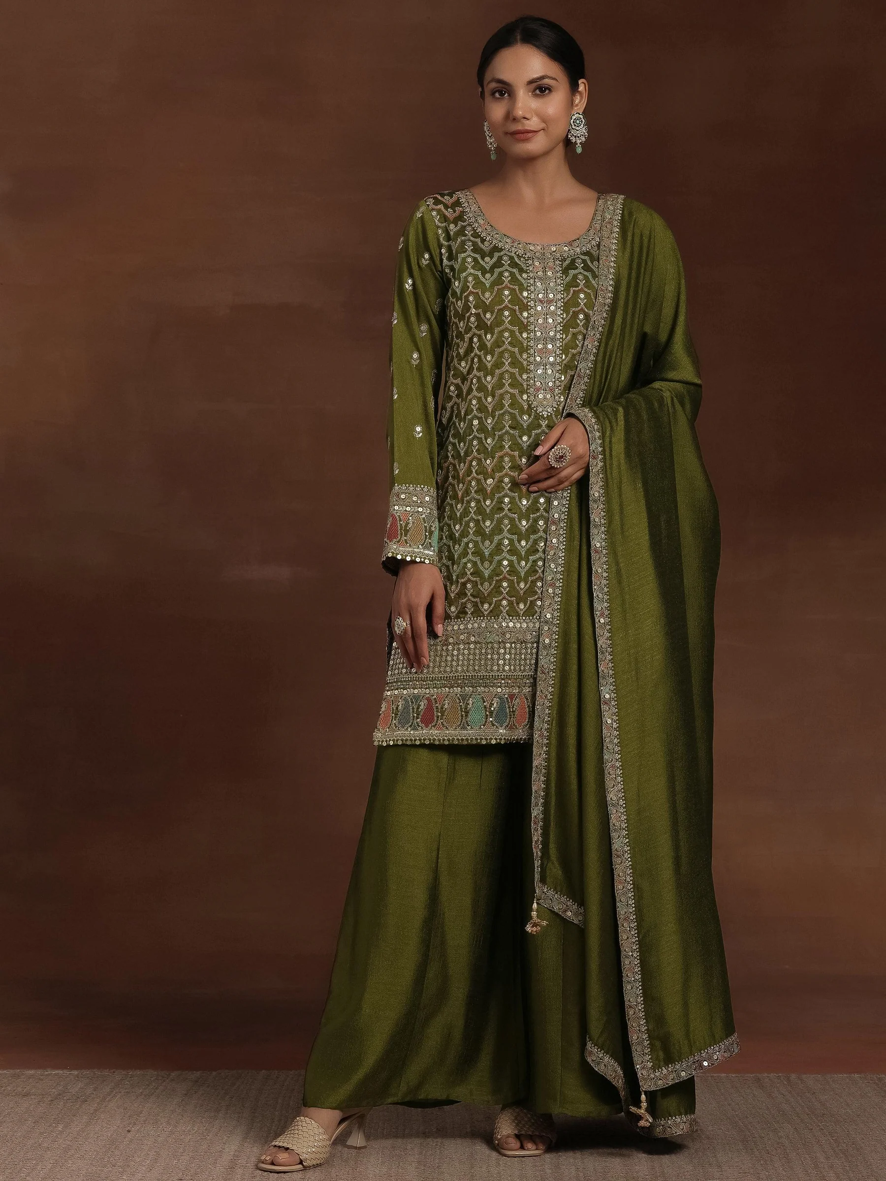 Olive Embroidered Silk Blend Straight Kurta With Palazzos & Dupatta