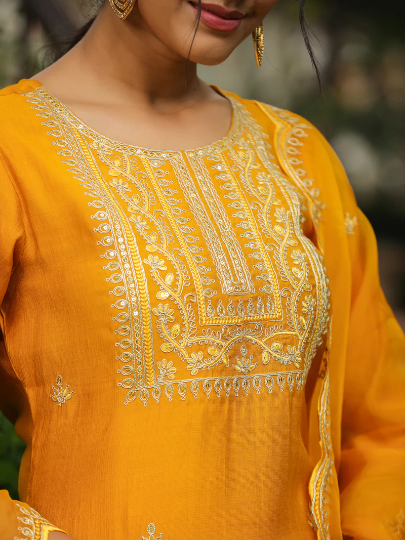 Mustard Silk Blend Embroidered Straight Kurta Set