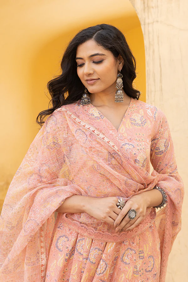 The Peach Handblock Anarkali Set With Doriya Dupatta