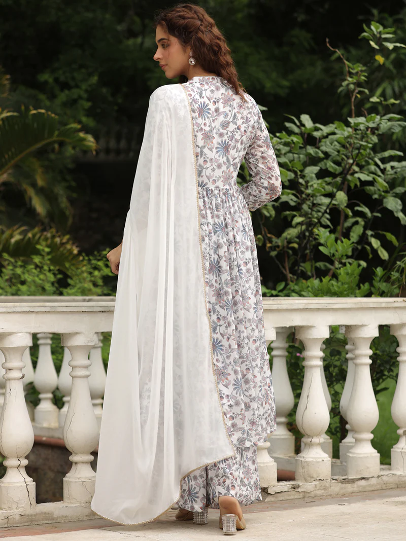 White Georgette Floral Printed A-Line Kurta Set