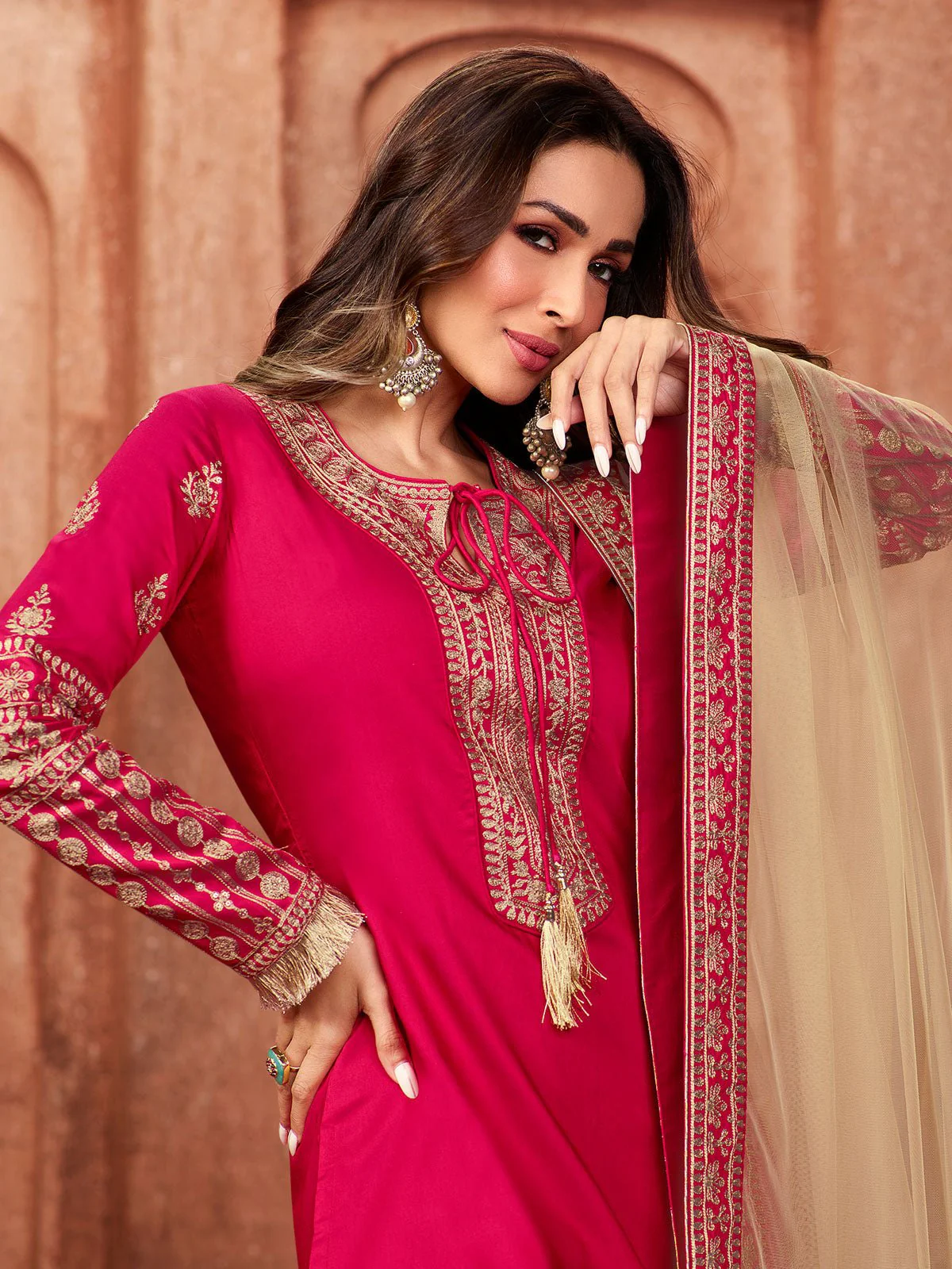 Magenta & Gold Embroidered Kurta Suit