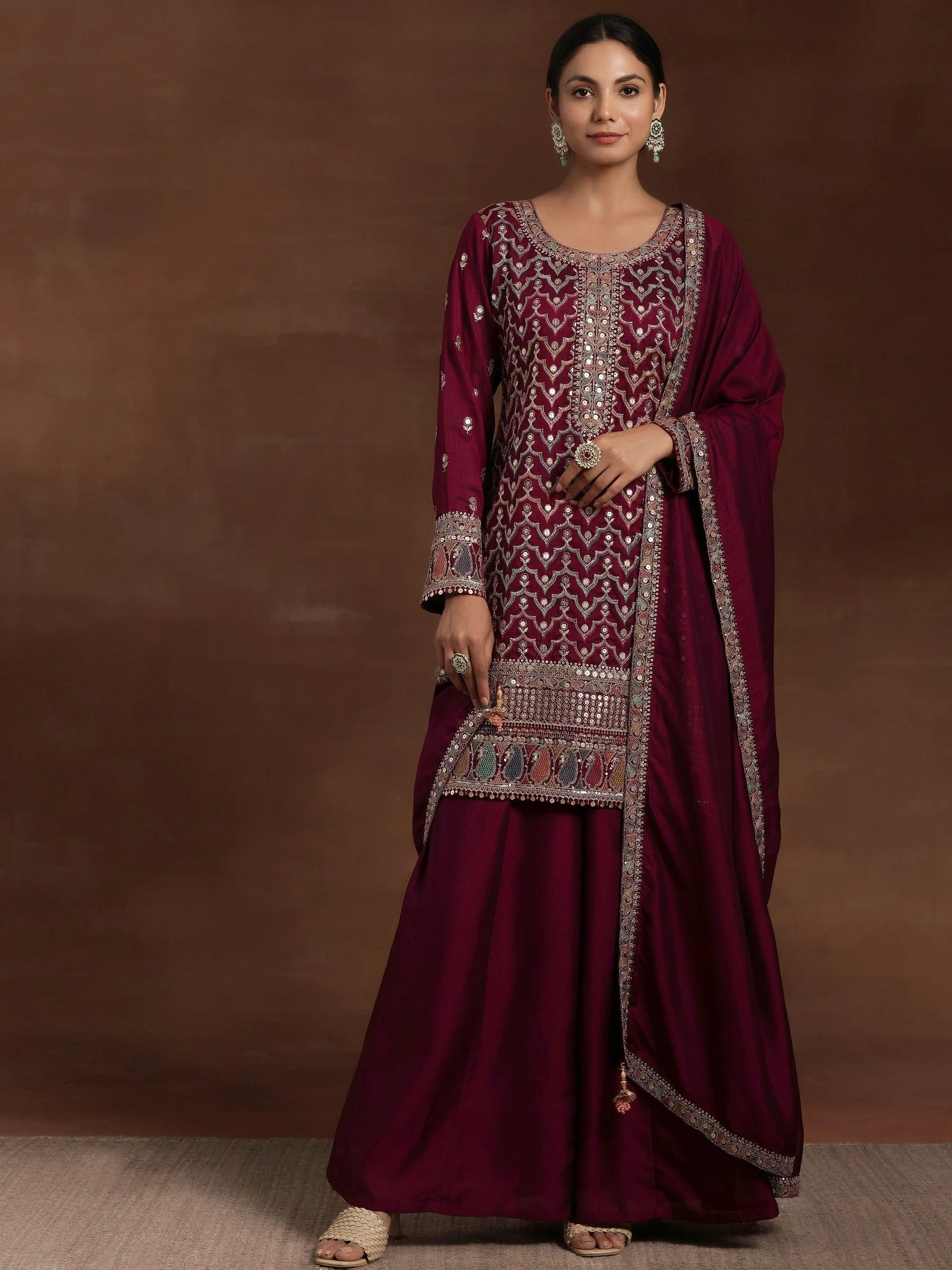 Wine Embroidered Silk Blend Straight Kurta With Palazzos & Dupatta