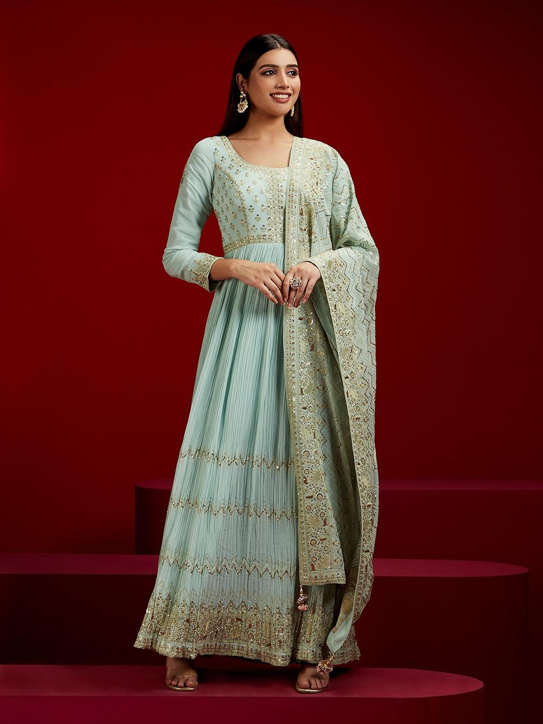 Sea Green Yoke Design Georgette A-Line Kurta With Trousers & Dupatta