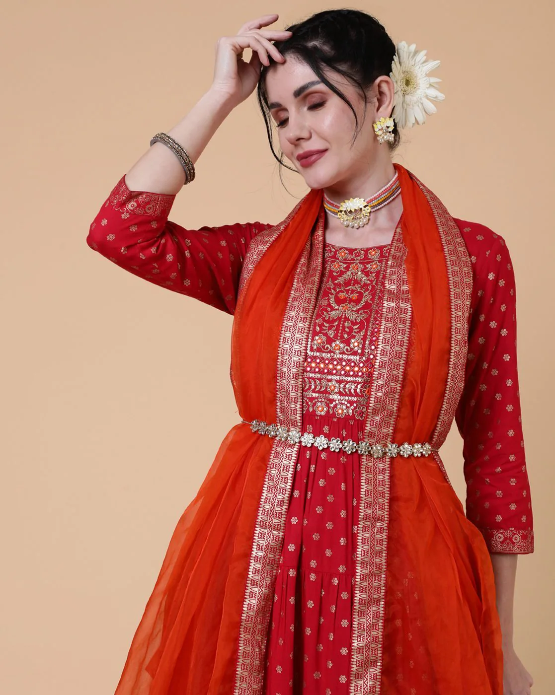 Embroidered Flared Kurta with Dupatta