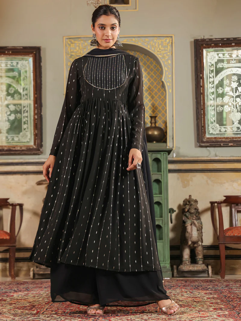 Black Georgette Foil Printed Anarkali Kurta Set