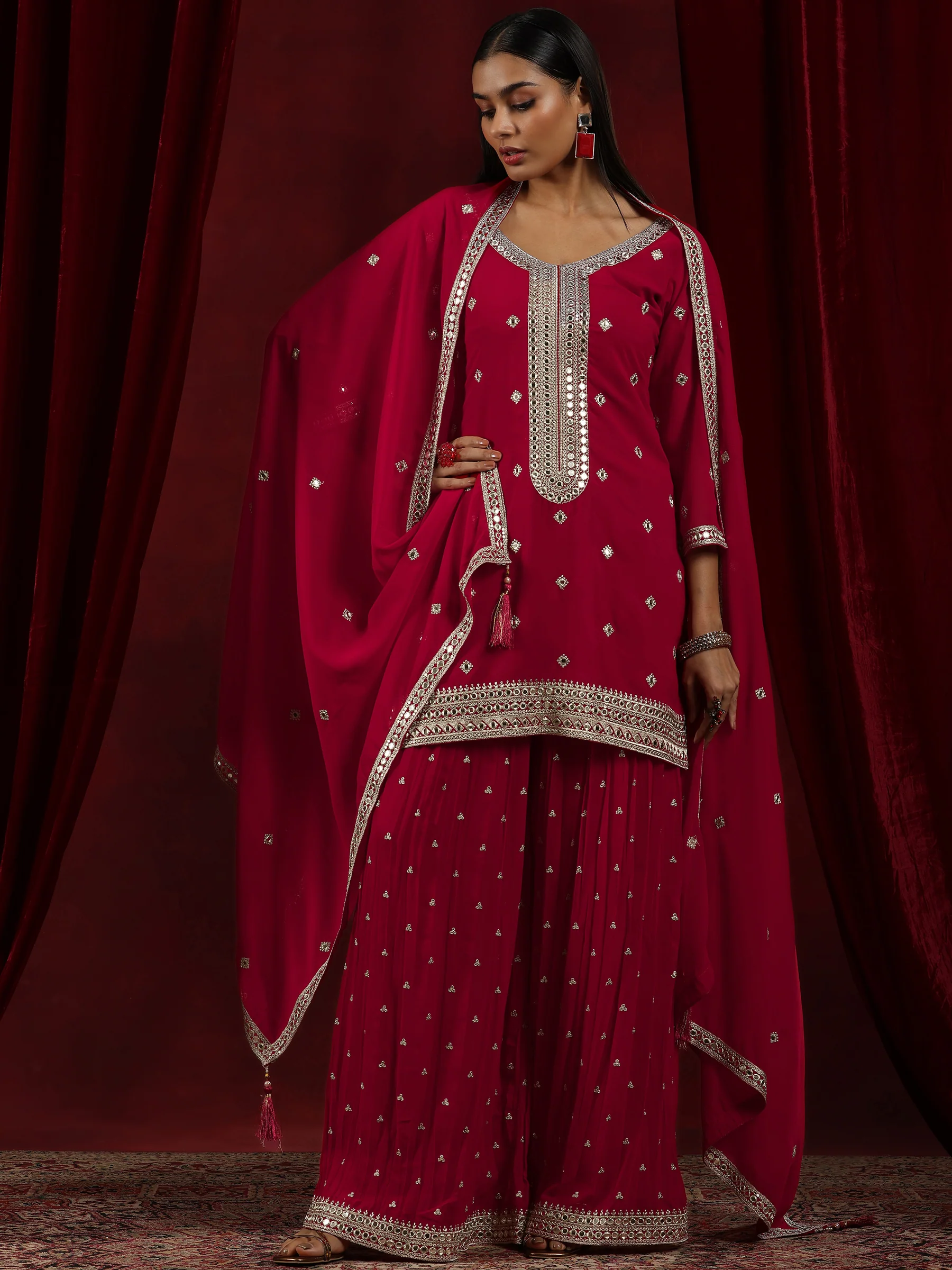 Red Embroidered Georgette Straight Suit With Dupatta