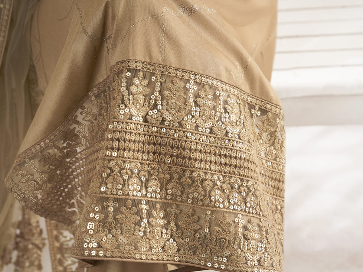 Beige Floral Thread and Sequines Embroidered Kurta Set