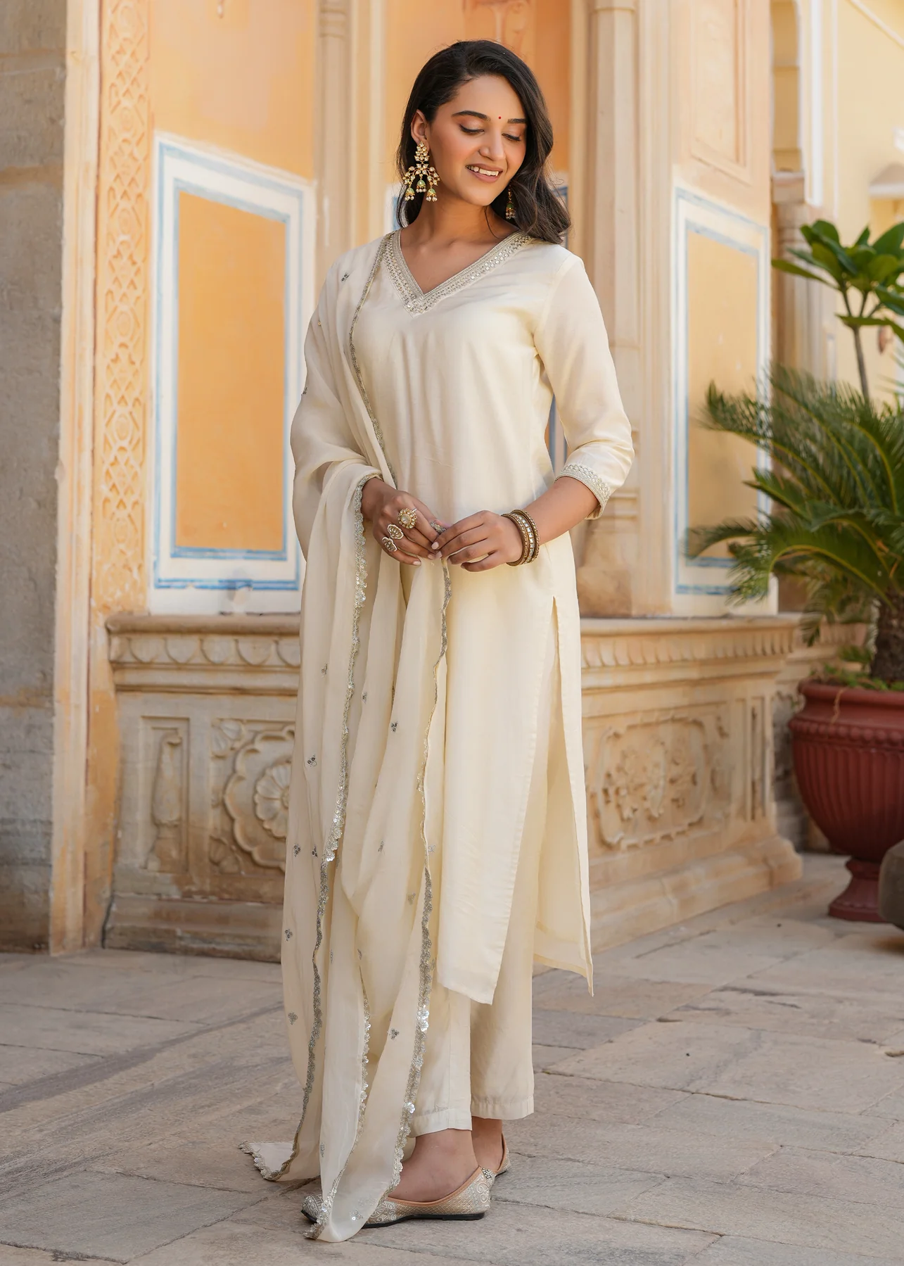 Embroidered Chanderi Straight Suit set with Dupatta