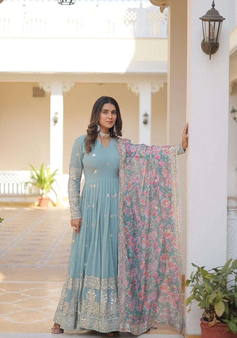 Sky Blue Embroidered Georgette Anarkali Kurta With Dupatta