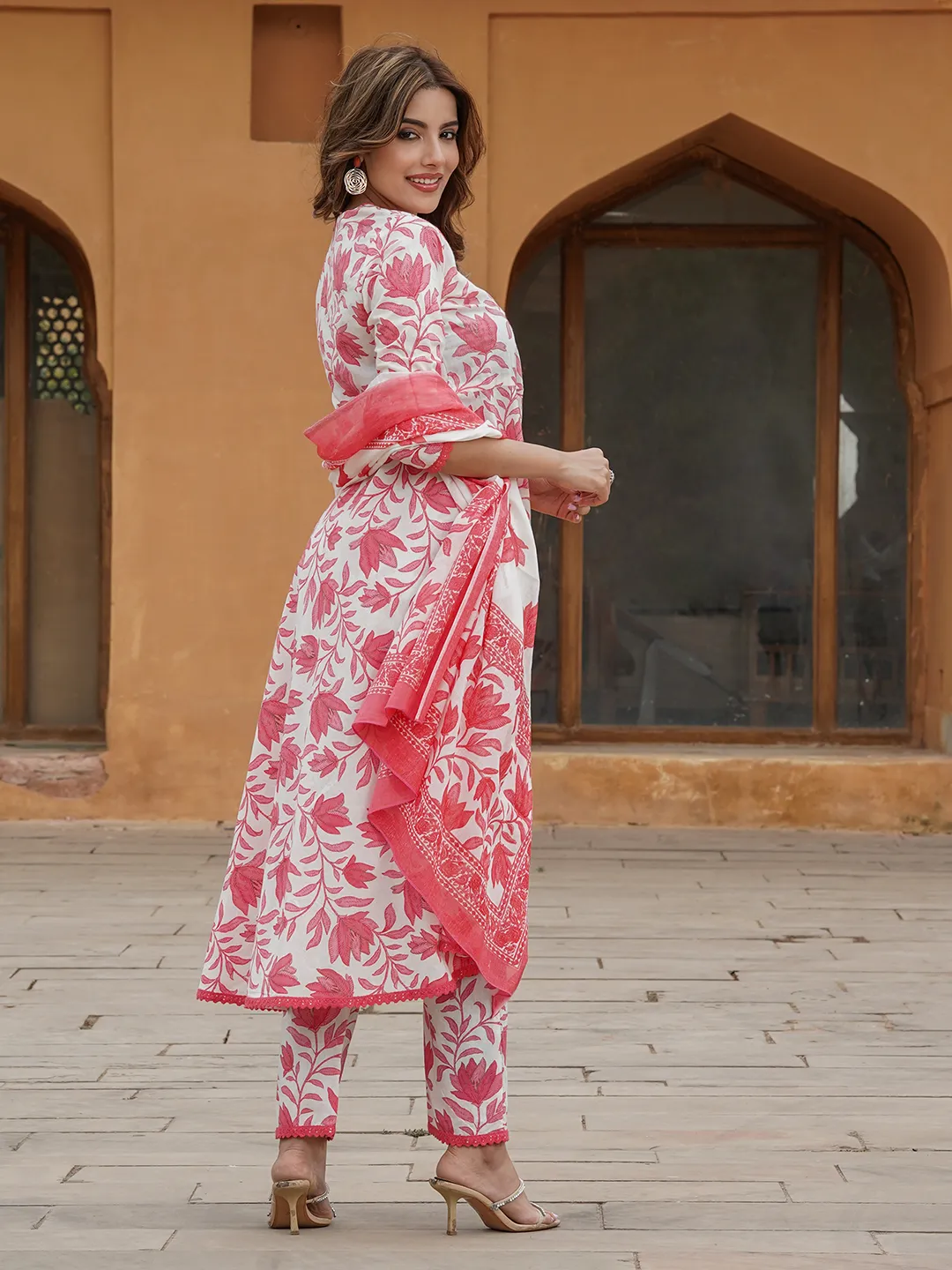 Women Red Floral Anarkali Kurta Pant and Dupatta Set