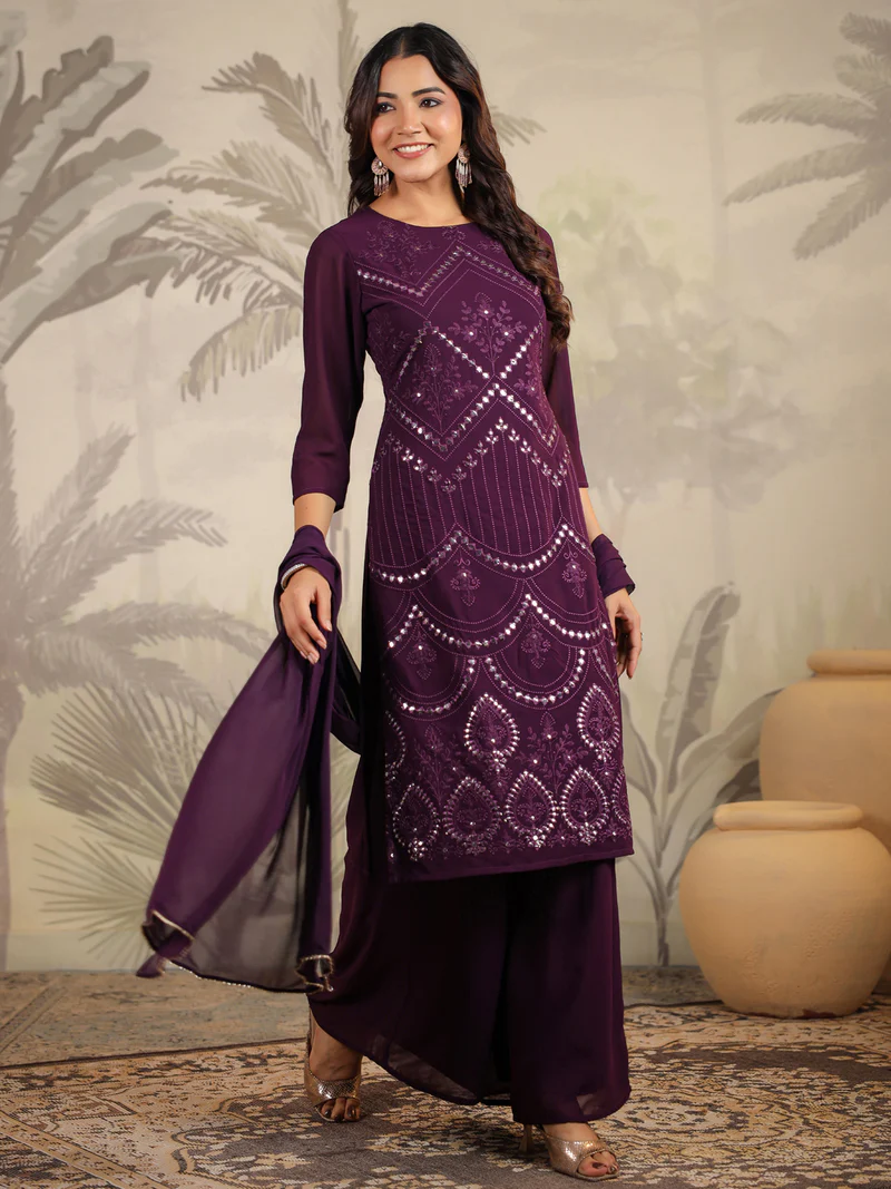 Purple Georgette Mirror Work Embroidered Straight Kurta With Palazzo Set