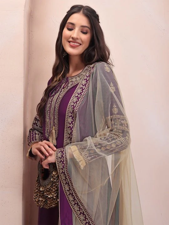 Purple Ethnic Motifs Embroidered Kurta & Trousers With Dupatta