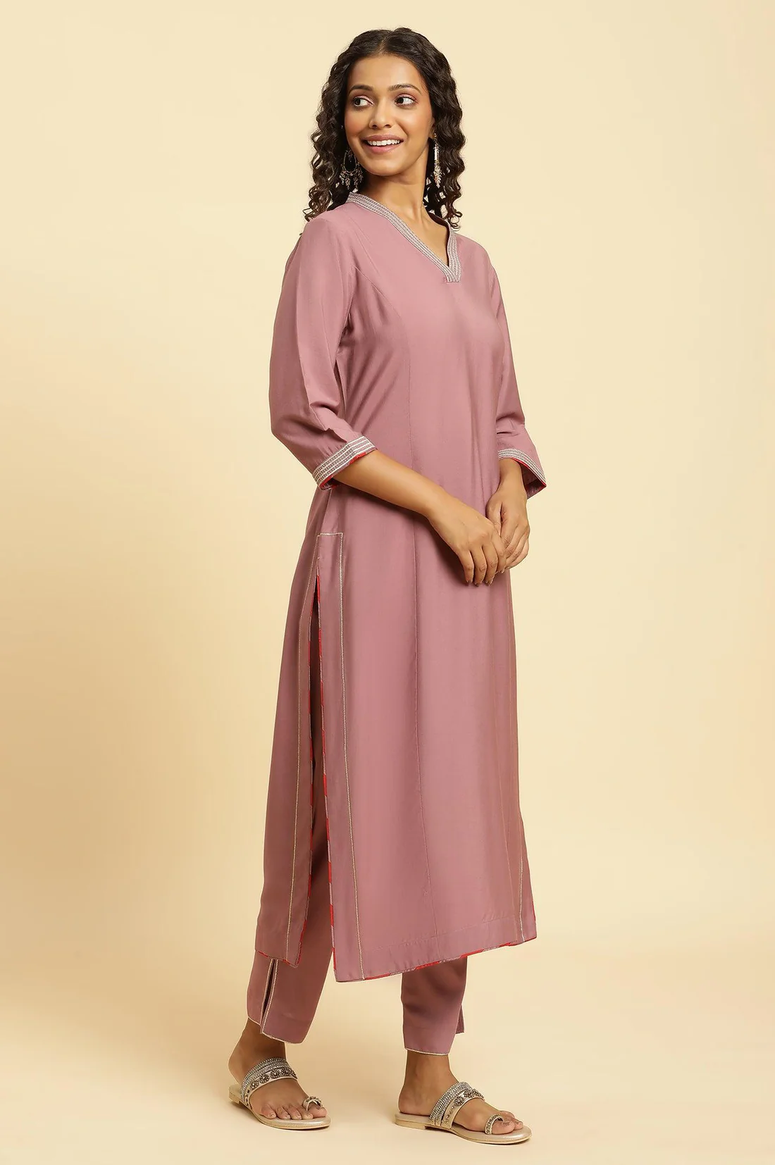 Pink Embellished Kurta, Pants And Jacquard Dupatta Set